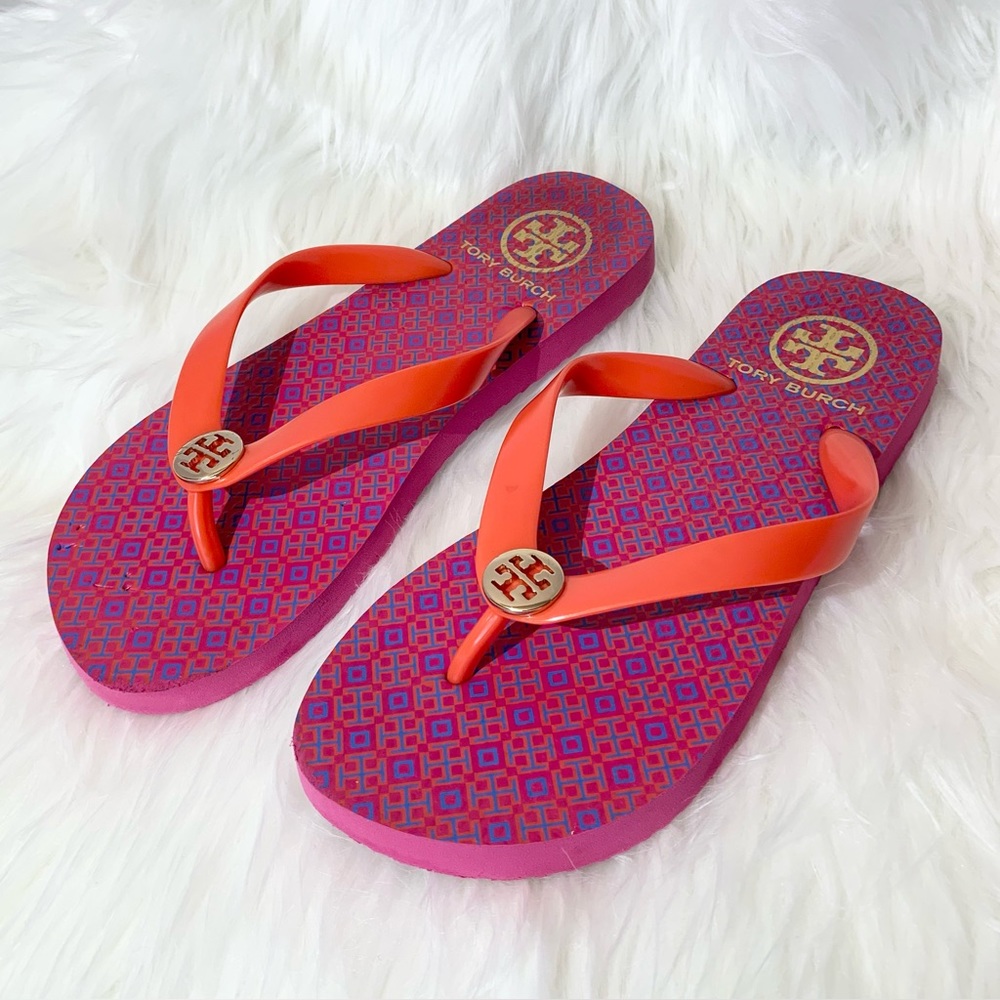 Tory Burch Women’s Lattice Thong Logo Flip Flops Fuscia Pink